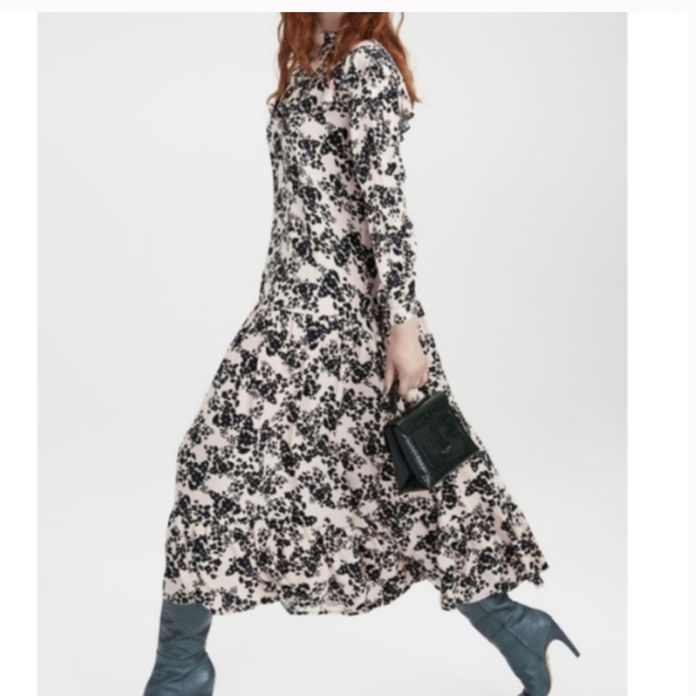 Topshop Pink Floral Print Long Sleeve Ruffle Detail Prairie Dress